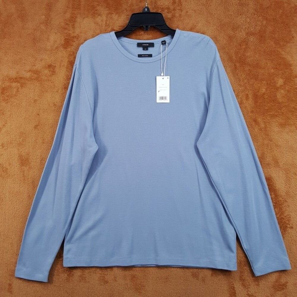 VINCE Shirt Mens Large Blue Pullover Crew Pima Pique Textured Long Sleeve Tee